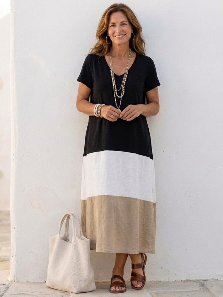 Women's midi dress with color block design and V-neck – short sleeves, casual-elegant style