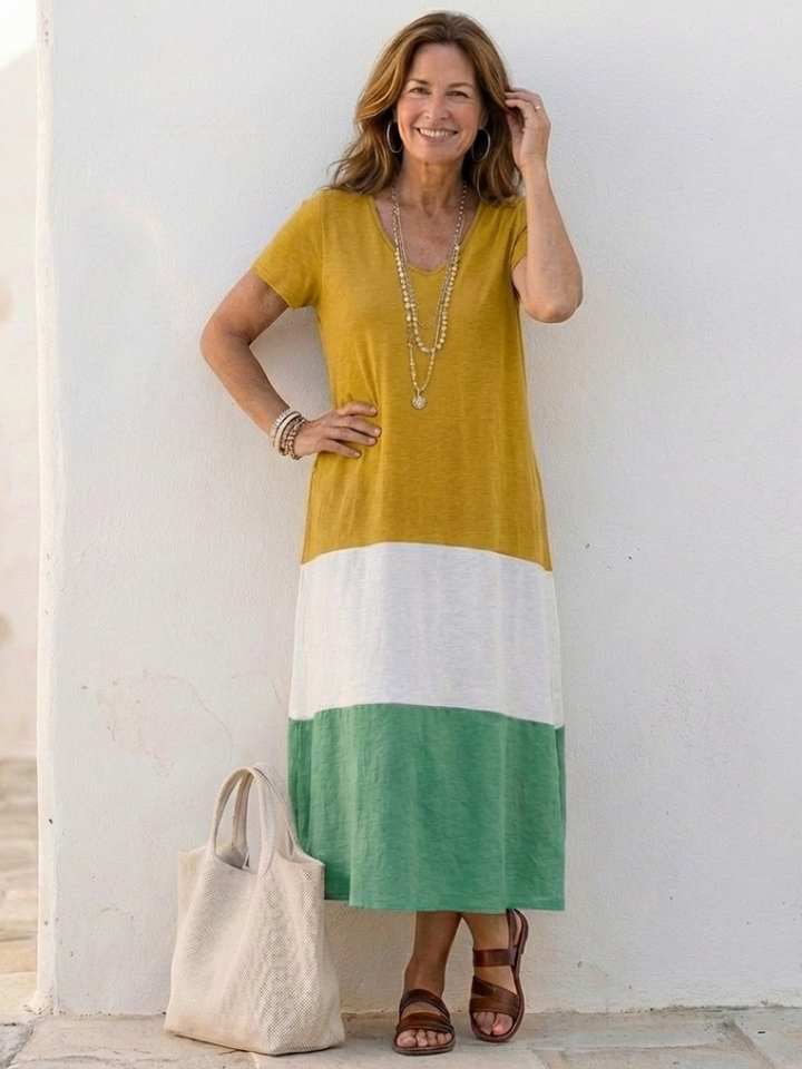 Women's midi dress with color block design and V-neck – short sleeves, casual-elegant style