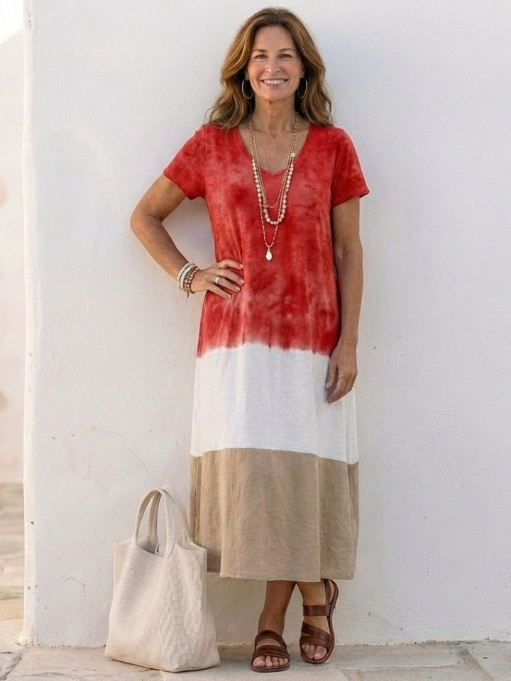 Women's midi dress with color block design and V-neck – short sleeves, casual-elegant style