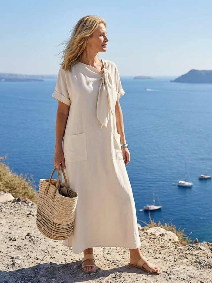 Maxikleid für Damen mit Rundhalsausschnitt – Kurzarm, Tasche, lässiger Alltagsstil