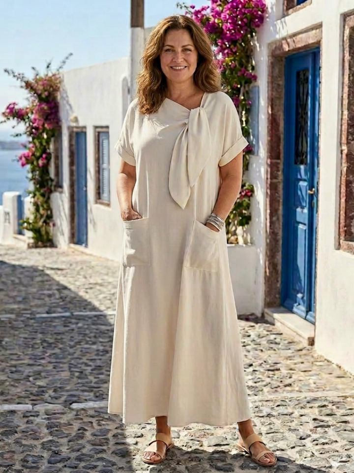 Maxikleid für Damen mit Rundhalsausschnitt – Kurzarm, Tasche, lässiger Alltagsstil