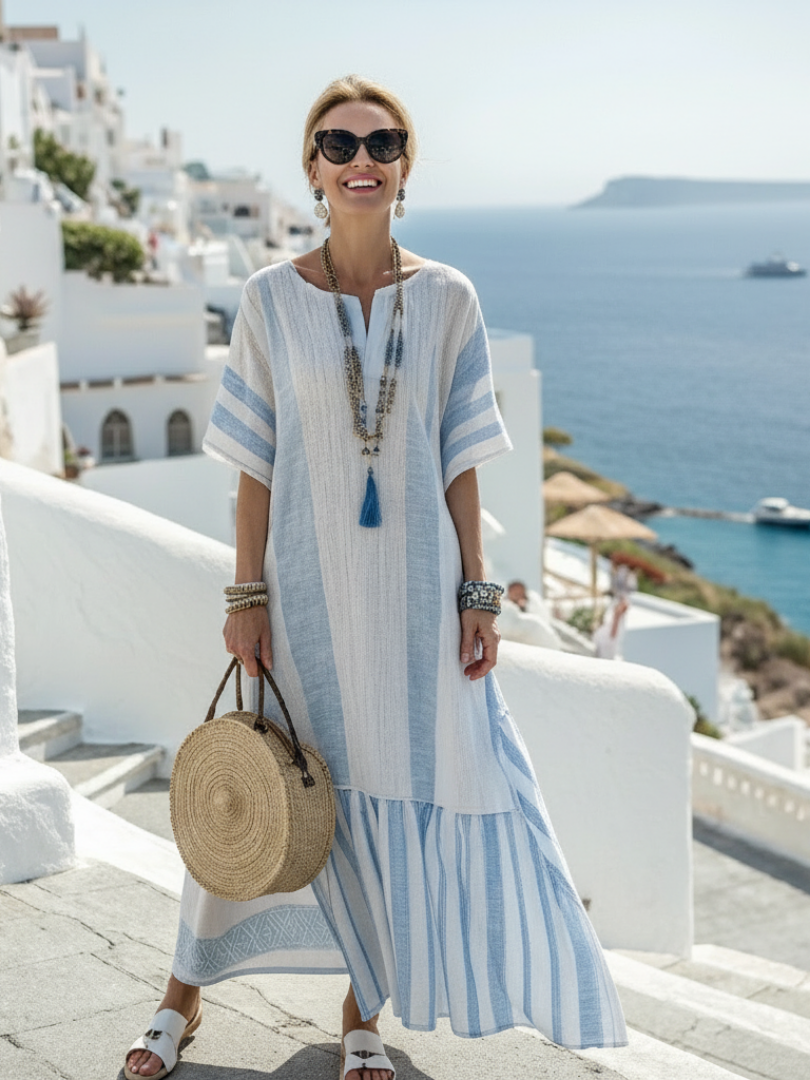 Elegantes, gestreiftes Maxikleid für Damen – Rundhalsausschnitt, kurze Ärmel, lässig-schicker Stil