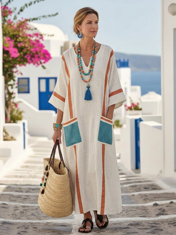 Maxikleid mit V-Ausschnitt für Damen – Halbarm, mit Tasche, lässig-eleganter Stil