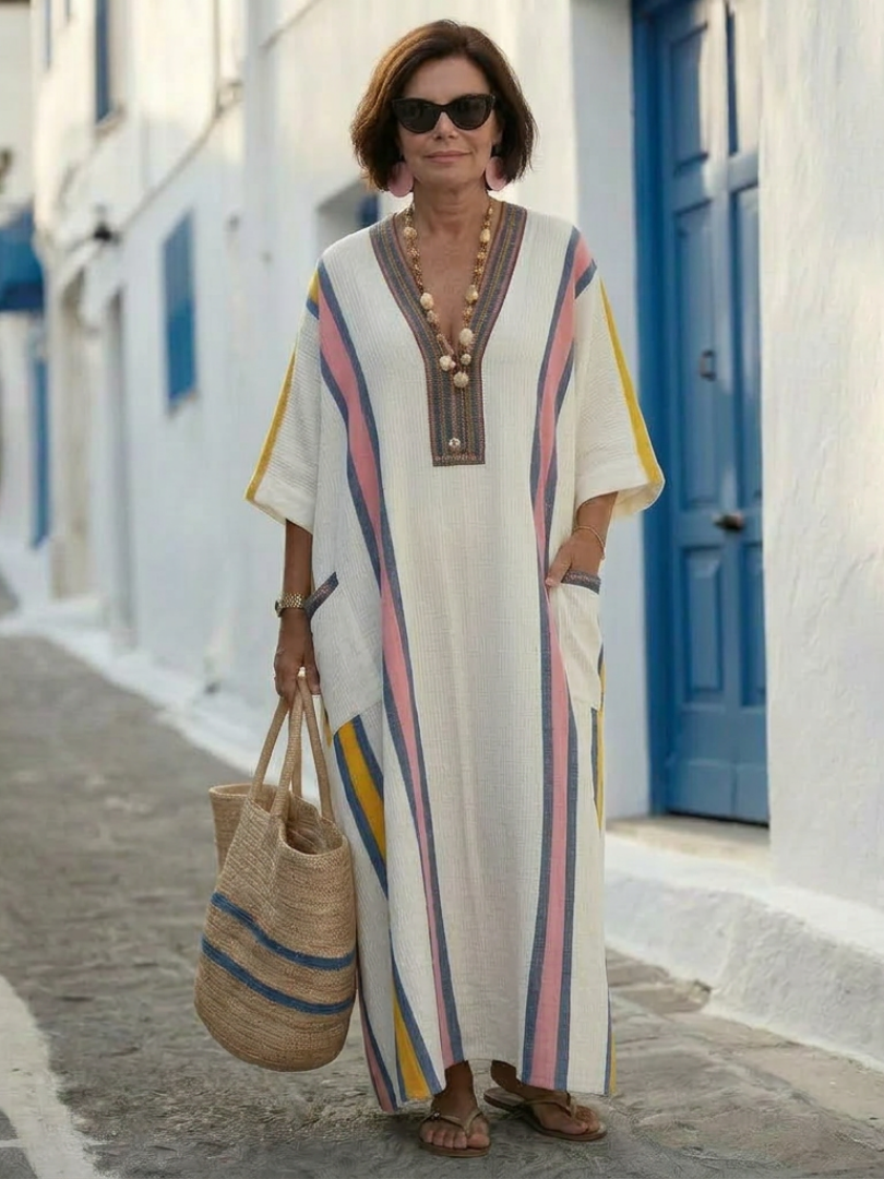 Maxikleid mit V-Ausschnitt für Damen – Halbarm, mit Tasche, lässig-eleganter Stil