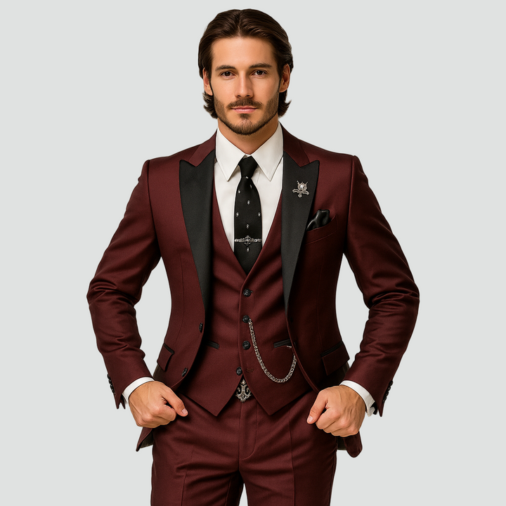 Three-piece men's suit in slim fit – elegant vest with satin lapels for formal weddings