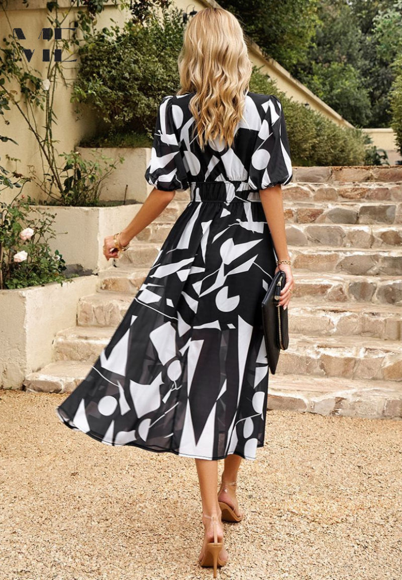 Women's Floral Midi Dress with Puff Sleeves – Elegant Casual Dress