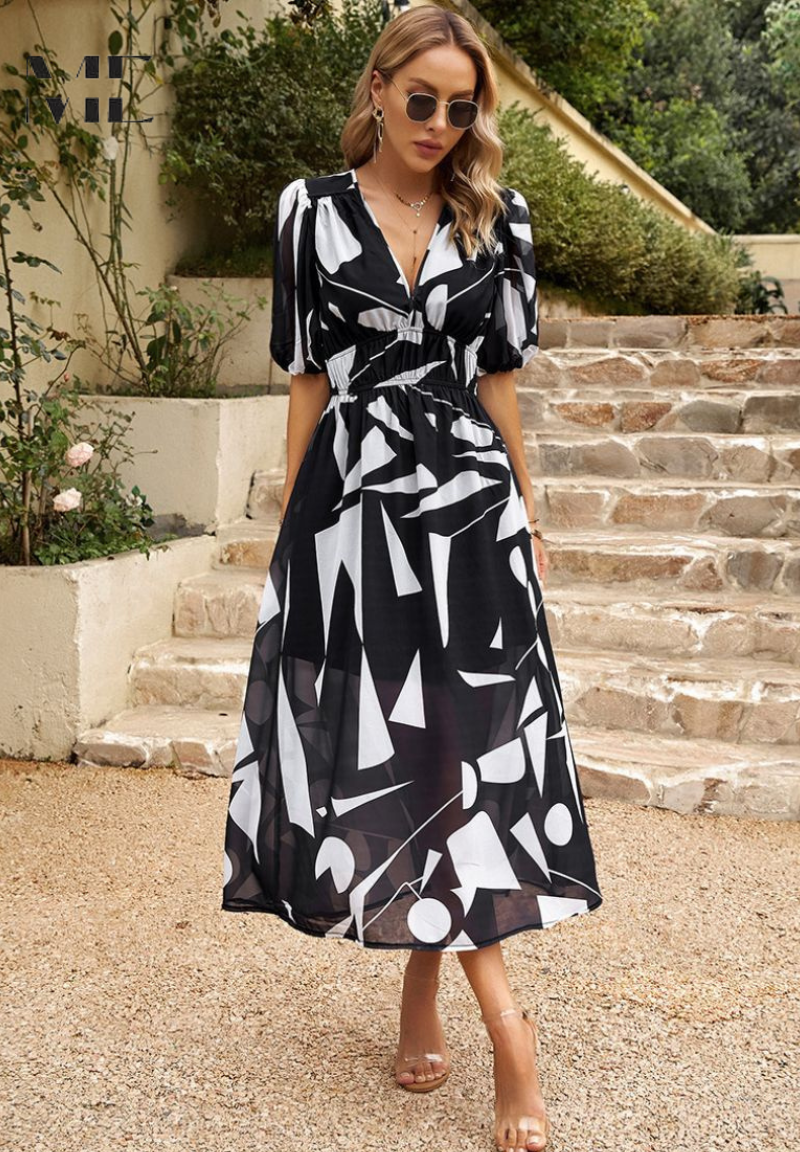 Women's Floral Midi Dress with Puff Sleeves – Elegant Casual Dress