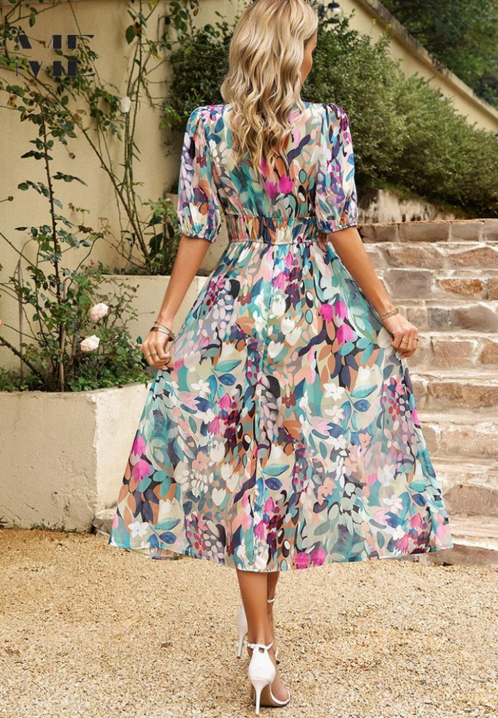 Women's Floral Midi Dress with Puff Sleeves – Elegant Casual Dress