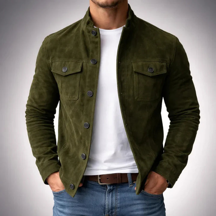 Herren Olivgrüne Wildleder Hemdjacke – Stilvolle Legere Oberbekleidung