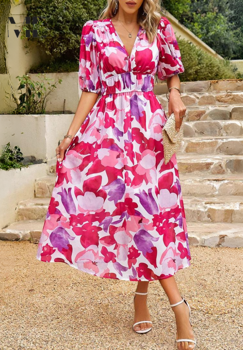 Women's Floral Midi Dress with Puff Sleeves – Elegant Casual Dress
