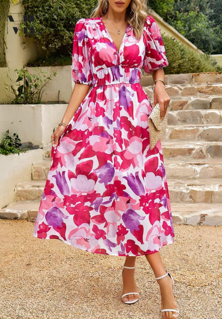 Women's Floral Midi Dress with Puff Sleeves – Elegant Casual Dress