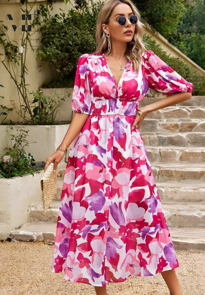 Women's Floral Midi Dress with Puff Sleeves – Elegant Casual Dress
