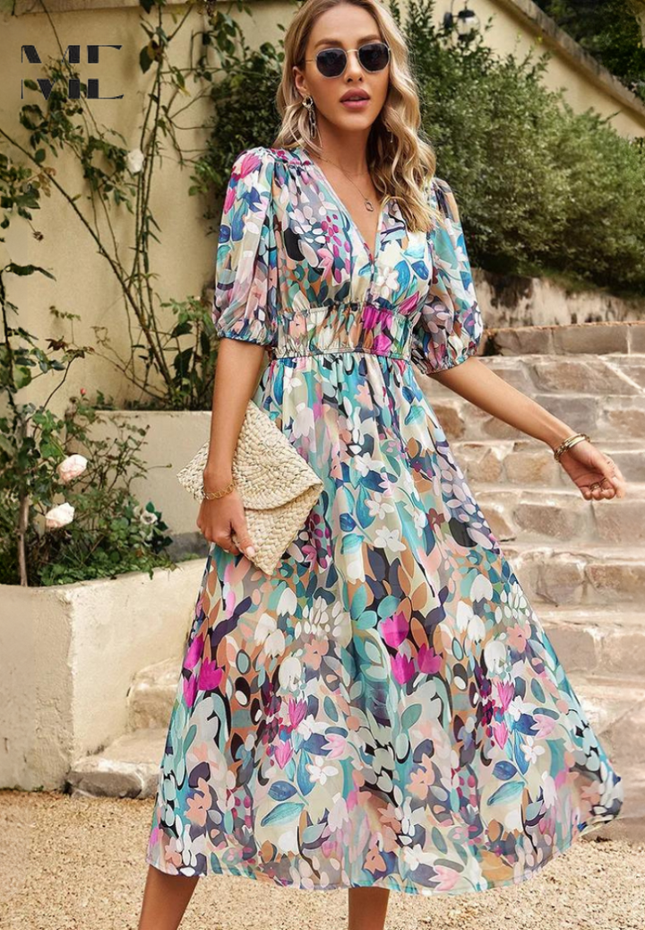 Women's Floral Midi Dress with Puff Sleeves – Elegant Casual Dress