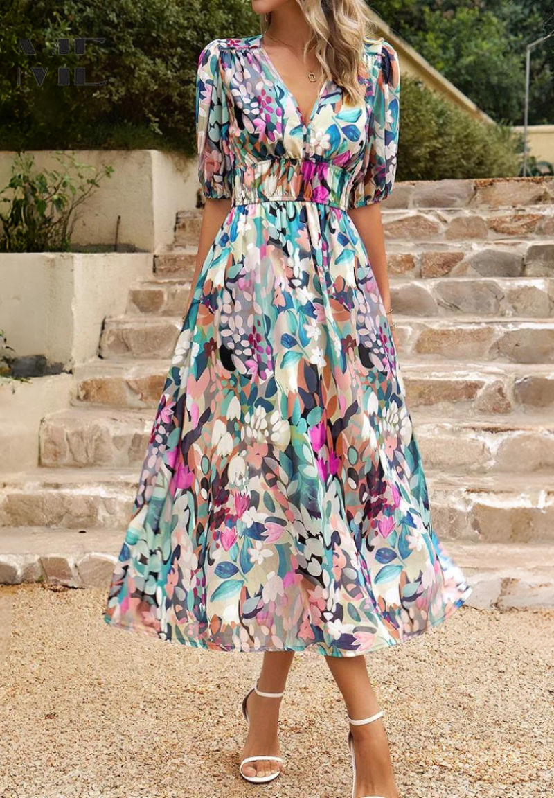 Women's Floral Midi Dress with Puff Sleeves – Elegant Casual Dress