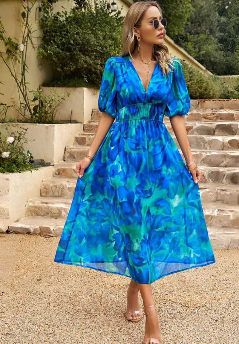 Women's Floral Midi Dress with Puff Sleeves – Elegant Casual Dress