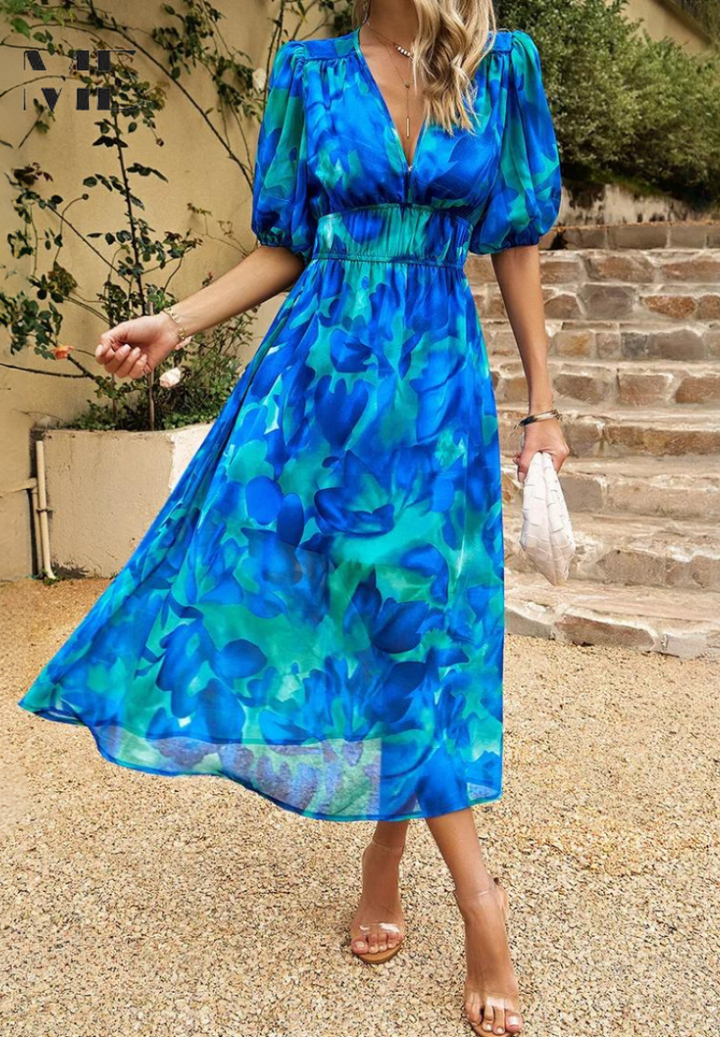 Women's Floral Midi Dress with Puff Sleeves – Elegant Casual Dress