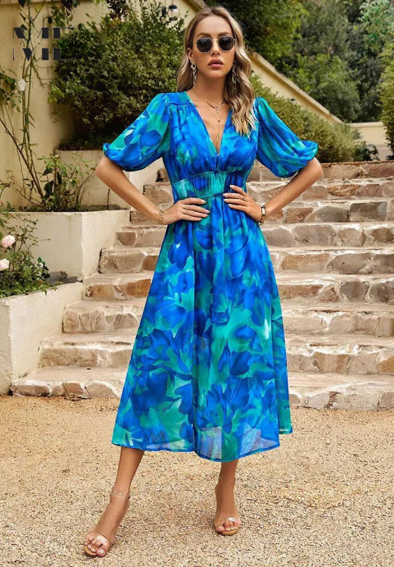 Women's Floral Midi Dress with Puff Sleeves – Elegant Casual Dress
