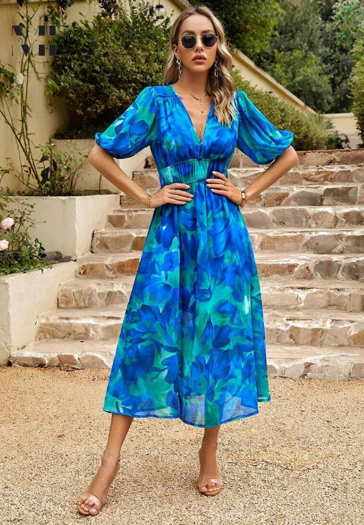Women's Floral Midi Dress with Puff Sleeves – Elegant Casual Dress