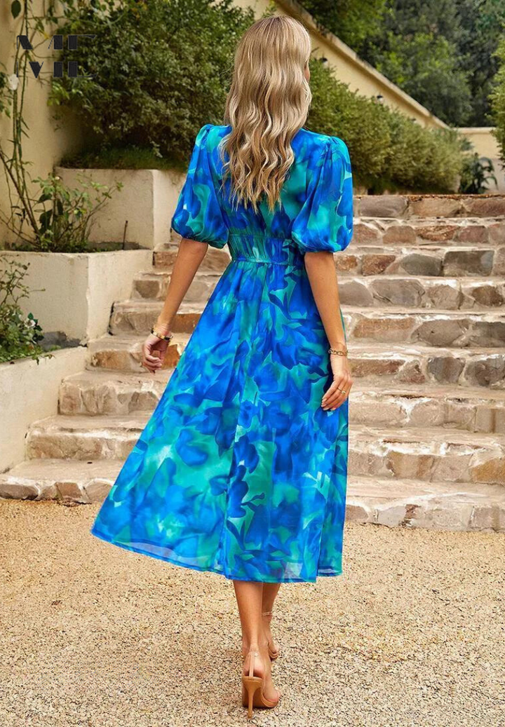 Women's Floral Midi Dress with Puff Sleeves – Elegant Casual Dress
