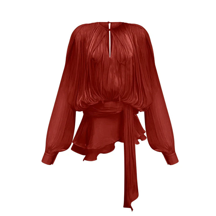Elegant mini dress for summer – puff sleeves & waist belt, apricot
