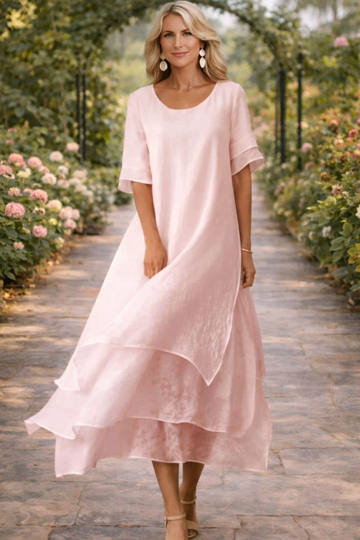 Women's Layered Chiffon Midi Dress – Round Neck Loose Elegant Dress