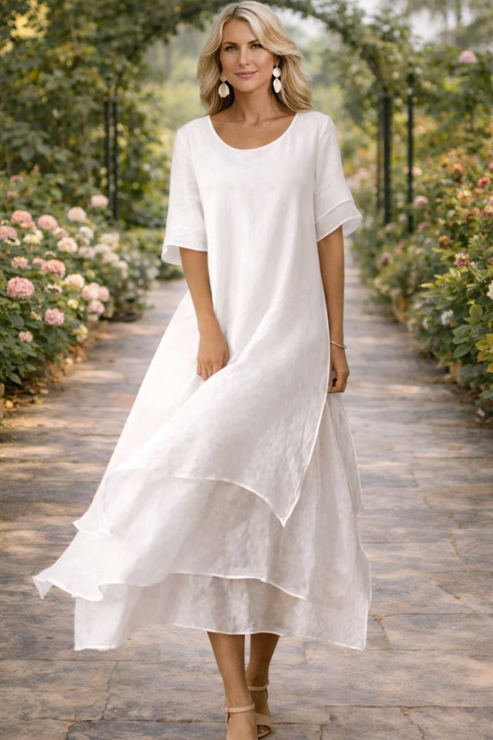 Women's Layered Chiffon Midi Dress – Round Neck Loose Elegant Dress