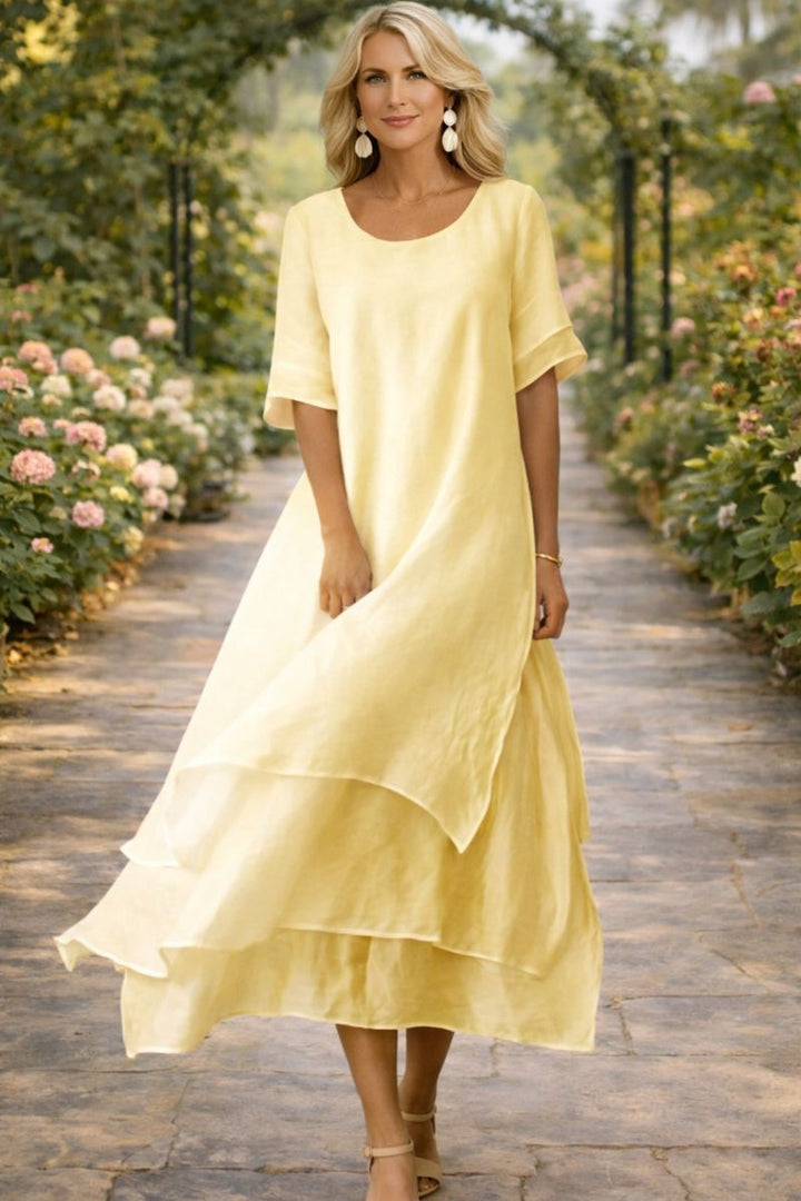 Women's Layered Chiffon Midi Dress – Round Neck Loose Elegant Dress