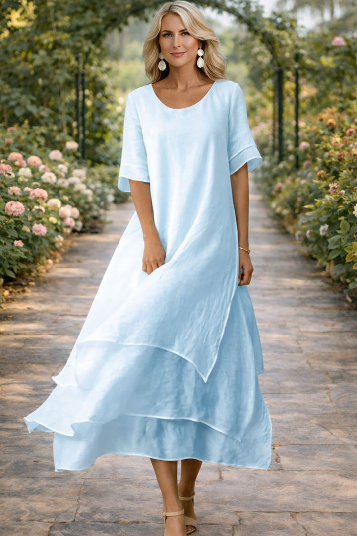 Women's Layered Chiffon Midi Dress – Round Neck Loose Elegant Dress