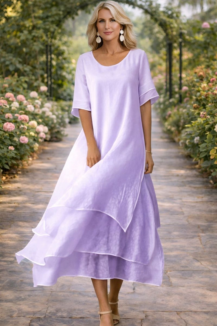 Women's Layered Chiffon Midi Dress – Round Neck Loose Elegant Dress