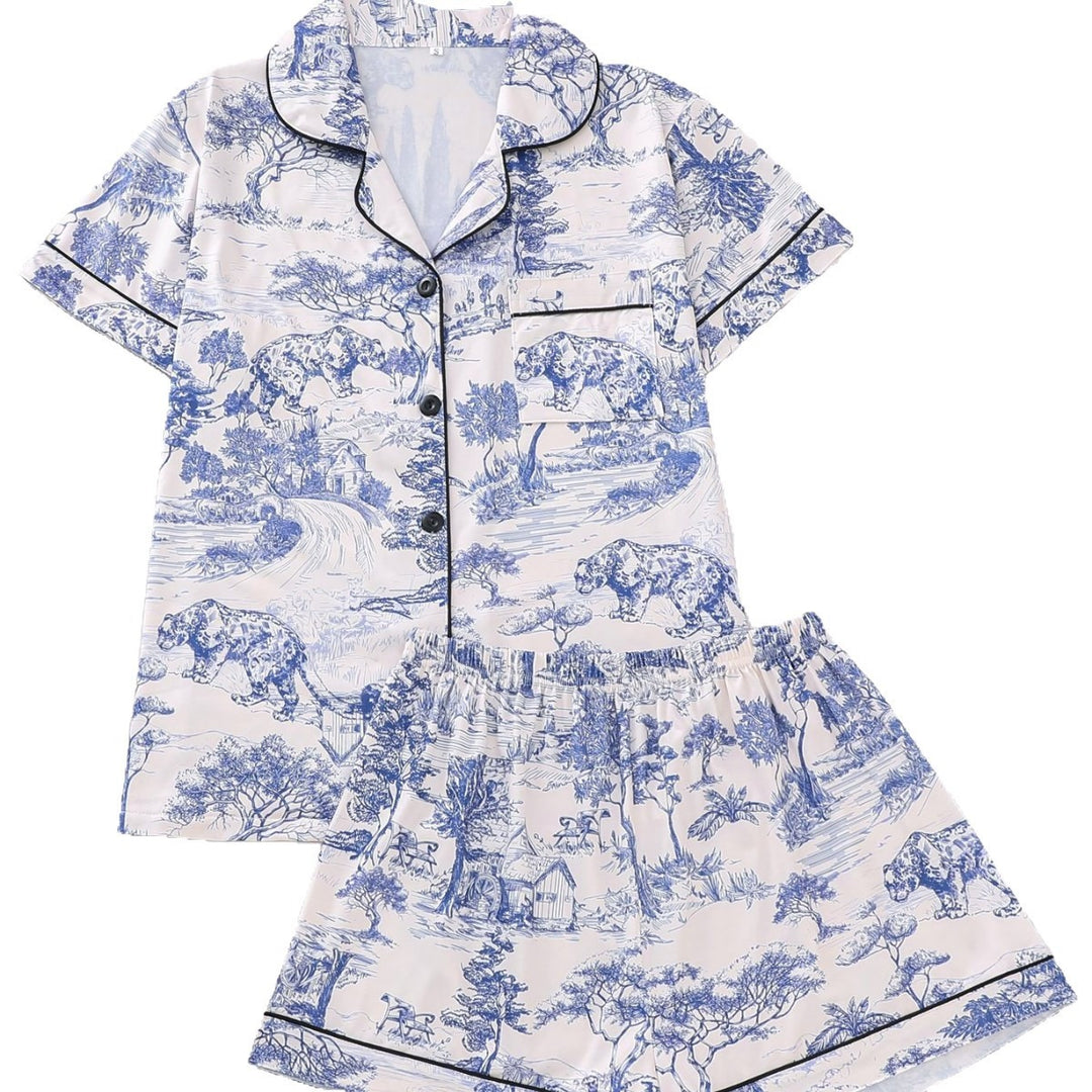 Women's shorts set with print and contrast trim – summer co-ord