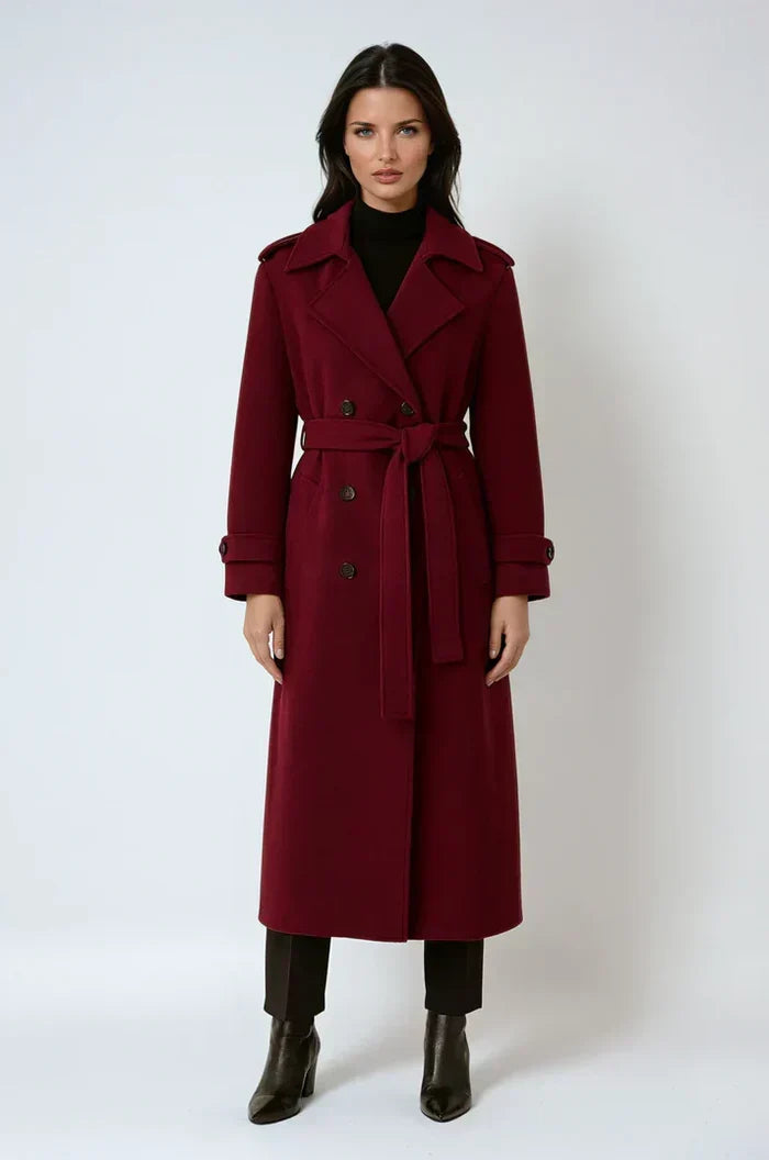 Trench-coat en laine pour femme, rouge bordeaux