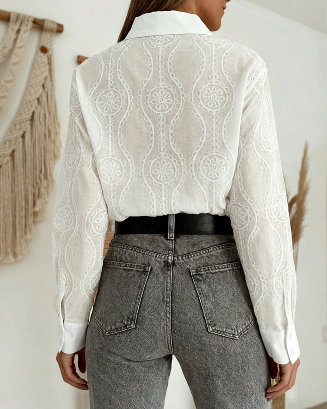 Women's White Embroidered Blouse with Button Placket – Elegant Long-Sleeve Top