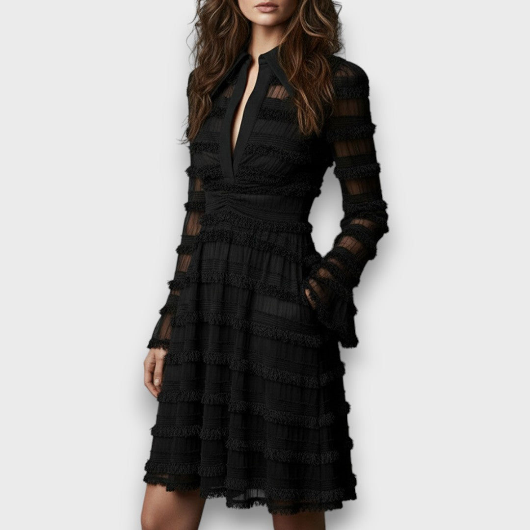 Robe midi femme avec fronces et décolleté en V – Élégante robe noire à manches longues