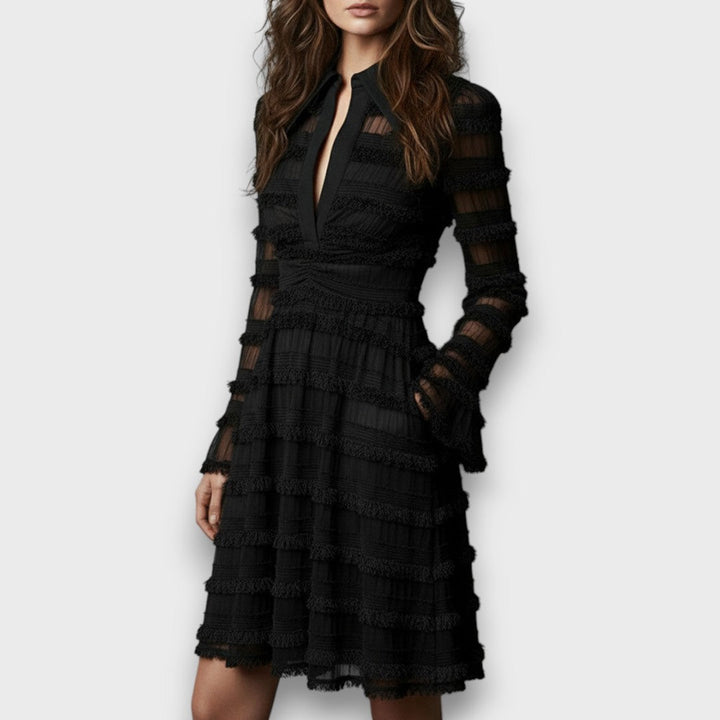 Robe midi femme avec fronces et décolleté en V – Élégante robe noire à manches longues