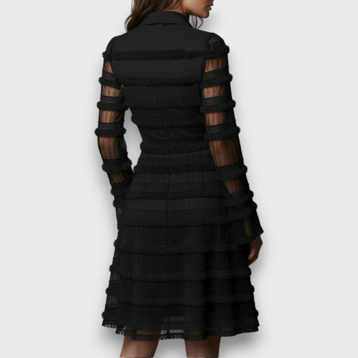Robe midi femme avec fronces et décolleté en V – Élégante robe noire à manches longues