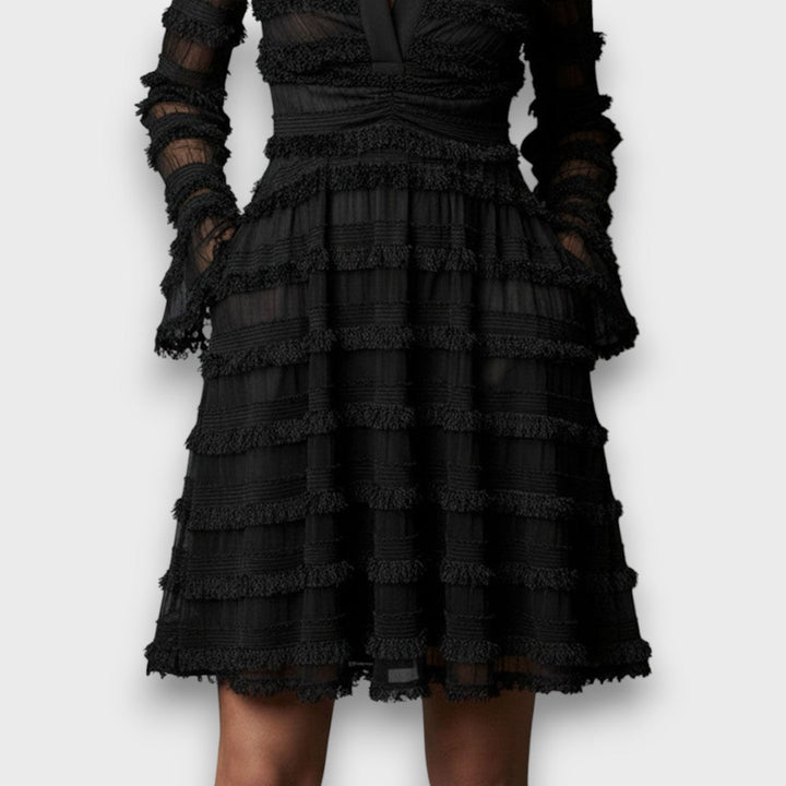 Robe midi femme avec fronces et décolleté en V – Élégante robe noire à manches longues