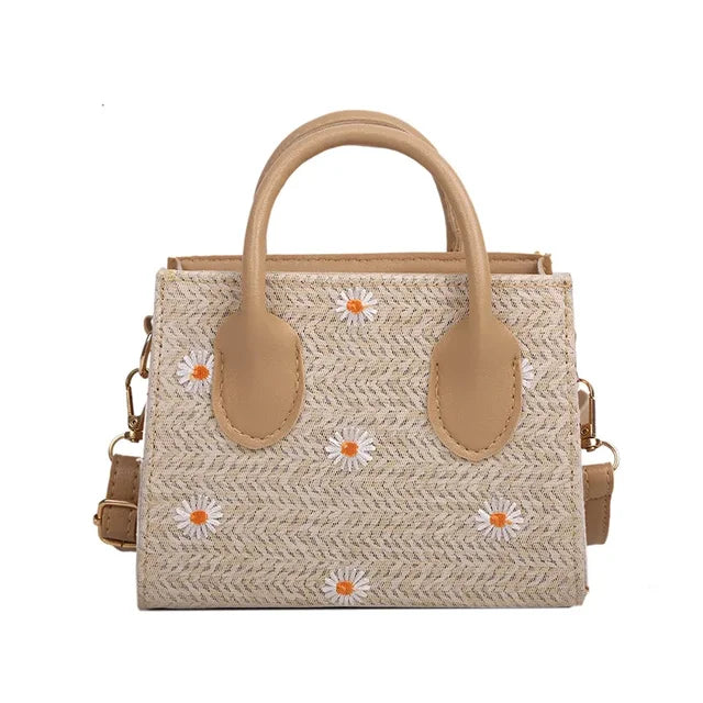 Sac en paille pour femmes – Sac à main tressé avec des accents floraux