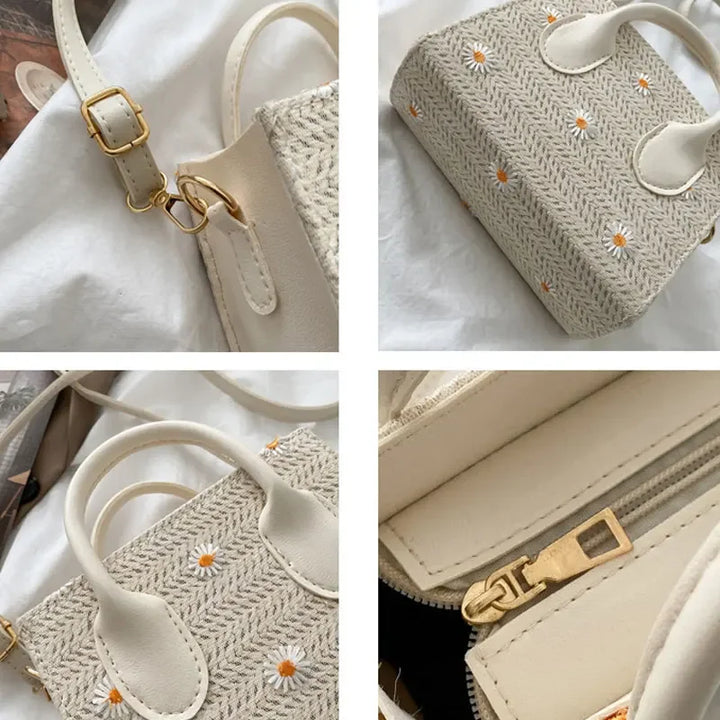 Sac en paille pour femmes – Sac à main tressé avec des accents floraux