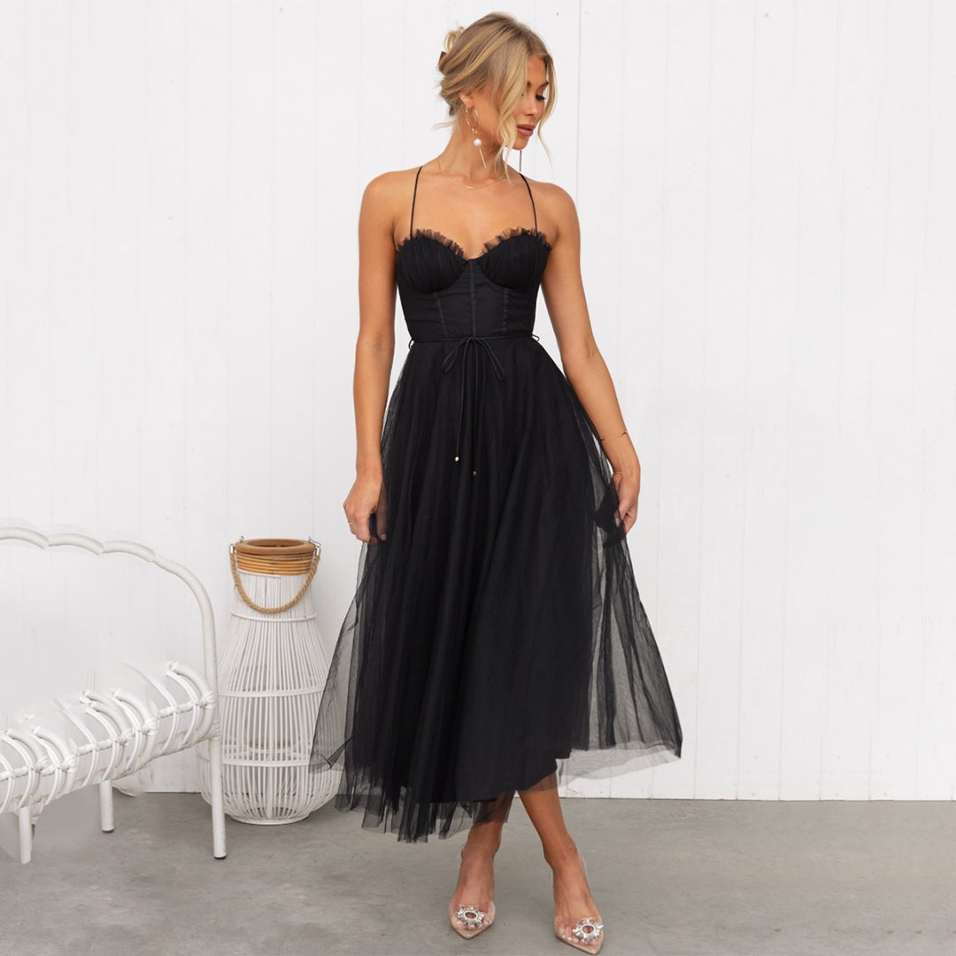 Festive midi cocktail dress | Flowing evening dress with V-neckline