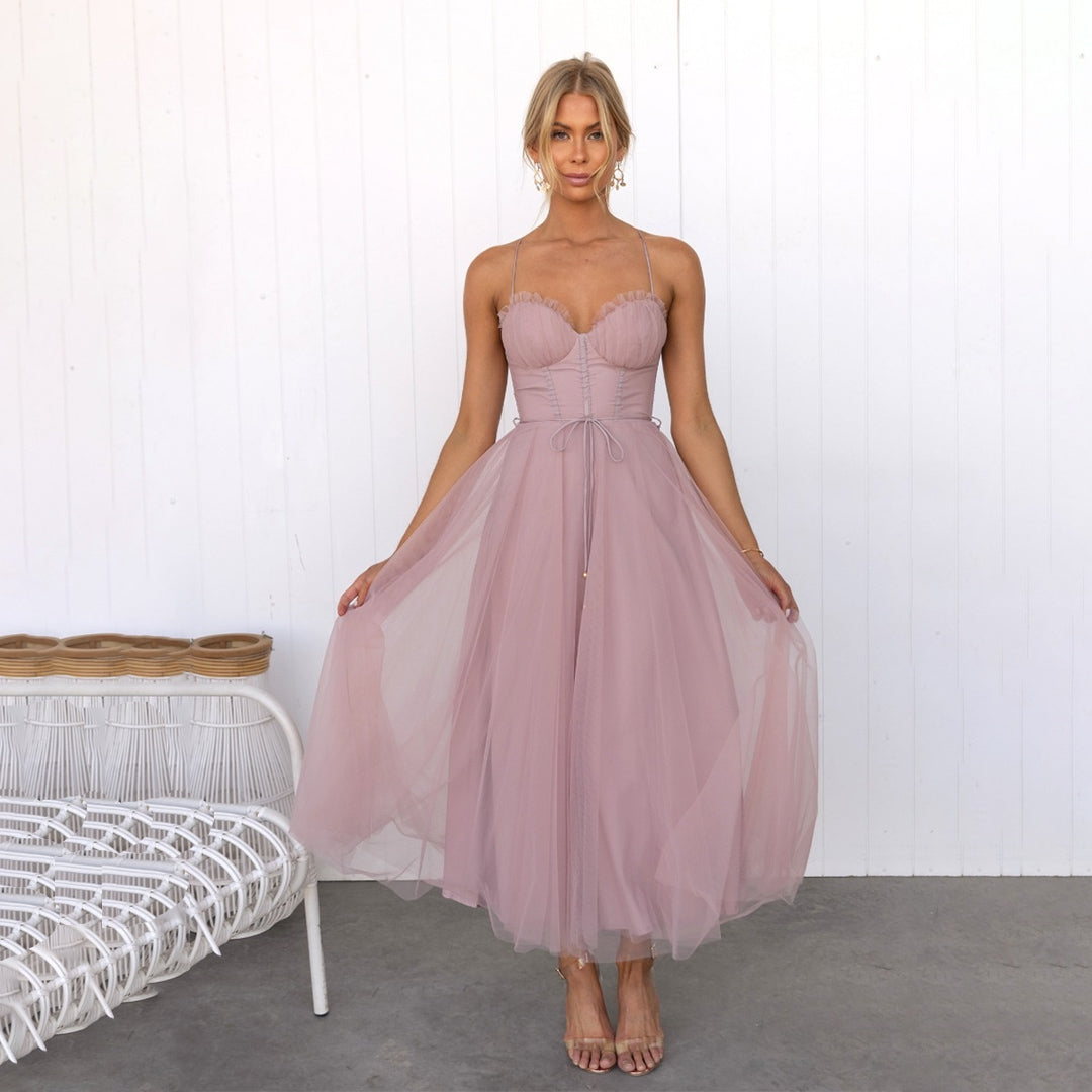 Festive midi cocktail dress | Flowing evening dress with V-neckline
