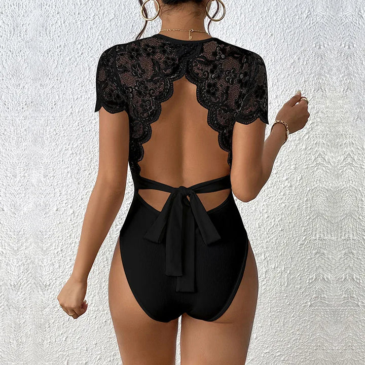 Women's Black Lace Bodysuit – Backless Crew Neck Elegant Top