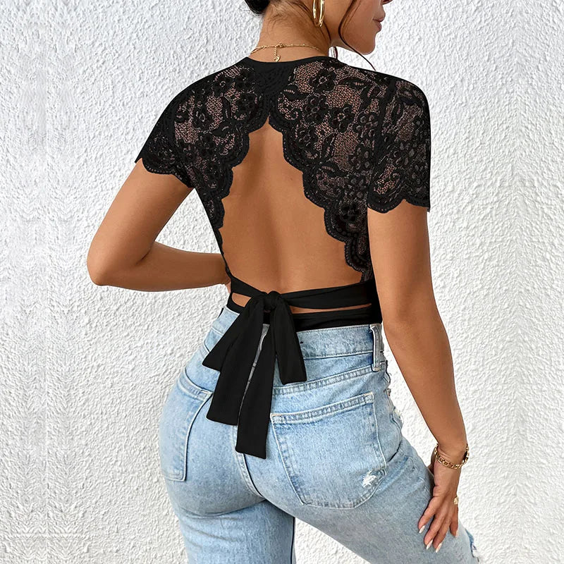 Women's Black Lace Bodysuit – Backless Crew Neck Elegant Top
