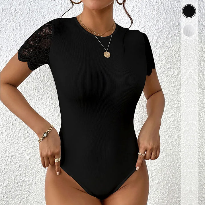 Women's Black Lace Bodysuit – Backless Crew Neck Elegant Top