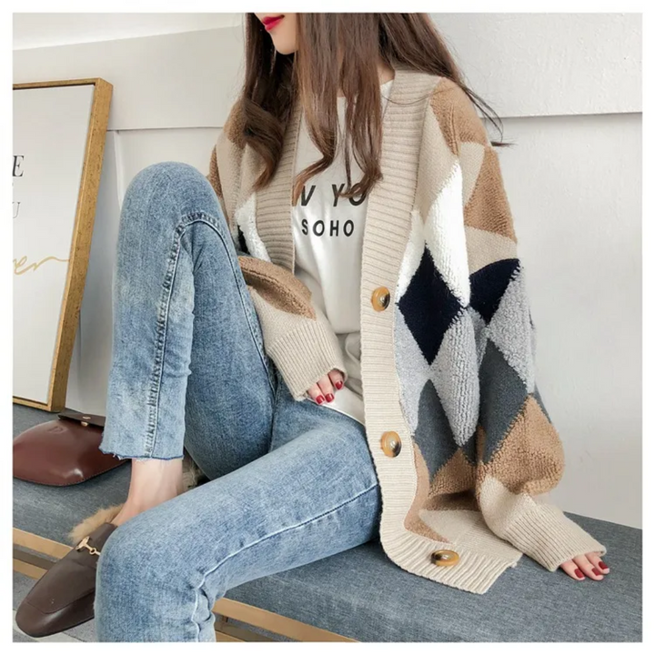 Damen Oversized Cardigan mit V-Ausschnitt und Knopfverschluss