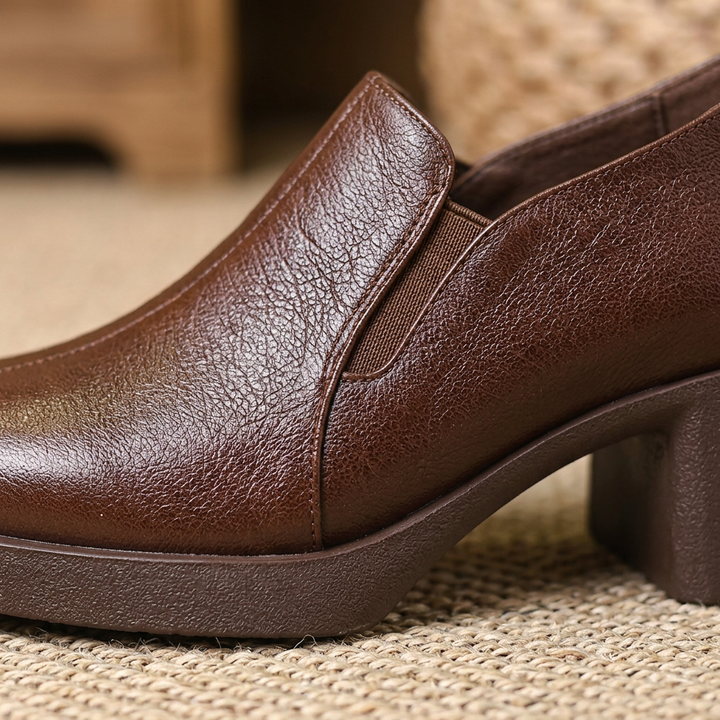 Women's Lace Leather Loafers with Block Heel – Casual Shoes