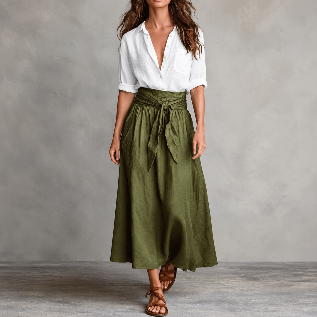 Olive Onyx | Damen Zweiteiler Knopfhemd und Midirock mit Bindegürtel