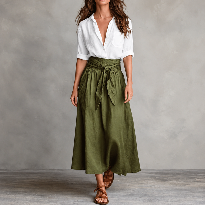 Olive Onyx | Damen Zweiteiler Knopfhemd und Midirock mit Bindegürtel