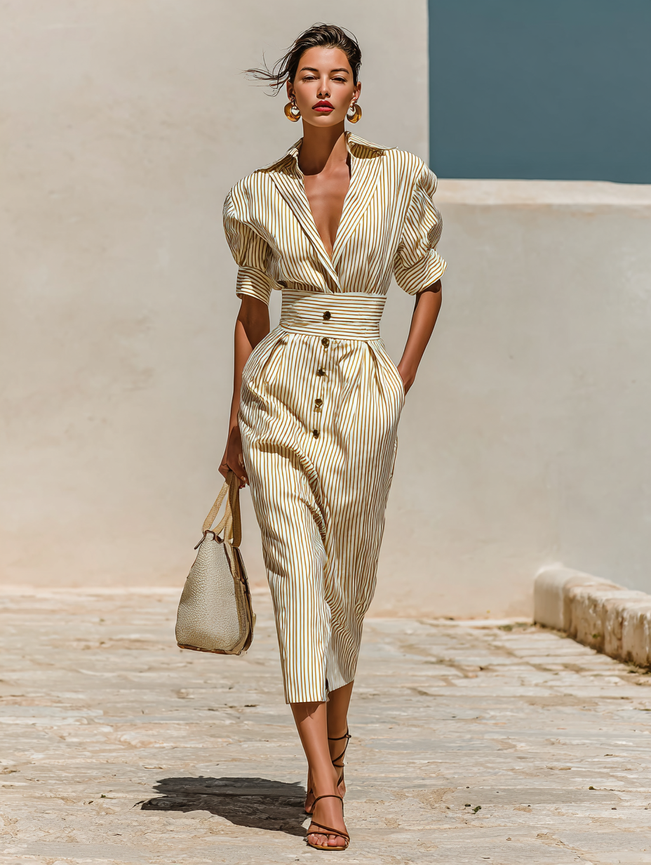 Robe midi rayée avec col à revers et taille marquée