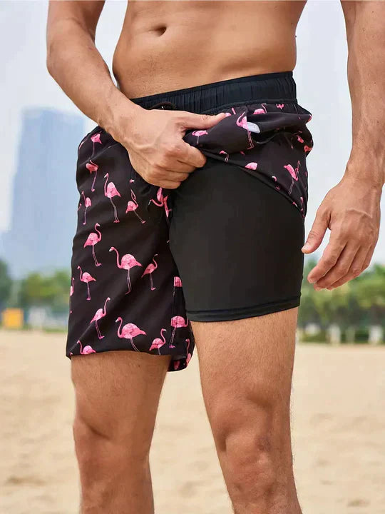 Men's Quick-Drying Swim Shorts with Compression Inner Shorts – Sporty Beach Shorts