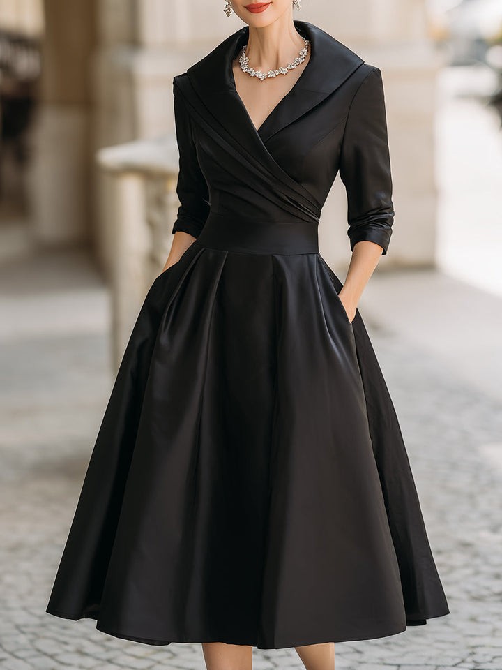Robe midi satinée femme à col en V – Robe élégante à manches longues avec col
